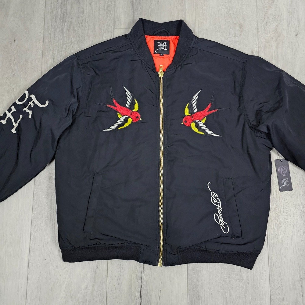 Ed Hardy Bomber Jacket Mens Large Black Embroidered Tattoo Skull Birds Heart NWT